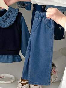 Baby Girl Embroidered Knit Collar 2 In 1 Top And Casual Denim Pants - Navy Blue - View 6