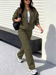 2pcs Casual Solid Color Sweatshirt Jacket Top And Straight Pants Set, Soft Fleece Fabric, Suitable For Spring, Autumn And Winter Elegant - Green 88# - View 2