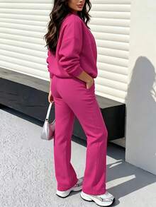 2pcs Casual Solid Color Sweatshirt Jacket Top And Straight Leg Pants Set, Soft Fleece Fabric, Suitable For Spring, Autumn And Winter Elegant - Rose Red 10# - View 9