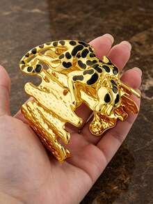 Letingsha Gold-Plated Black Enamel Leopard Print Cufflinks Bracelet And Open Ring Set, Luxury Animal-Shaped Jewelry, Suitable For Women, Perfect For Weddings, Banquets And Daily Party Accessories - Yellow Gold - View 4