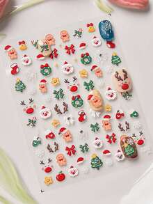 1 Sheet Sparkly Crystal Rhinestone Christmas Nail Decals, Raised Embossed Cartoon Santa, Gingerbread, Bow & Snowflake Sticker, No‑Residue Flexible Nail Charms For Winter Holiday Party Nails - Multicolor - View 5