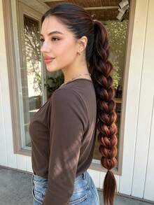 1pc 24 Inch Heart-Shaped Braided Ponytail Hair Extension, Mixed Color Large Braid Ponytail - Multicolor - View 7