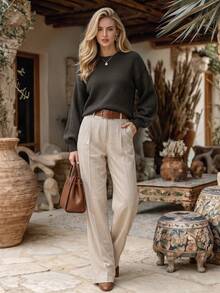 NiceArt Women's Fall Winter Coffee Brown Wool Blend Knit Pullover, Crew Neck Balloon Long Sleeve Relaxed Sweater For Relaxed Daily Outfits Homedecor - Coffee Brown - View 1