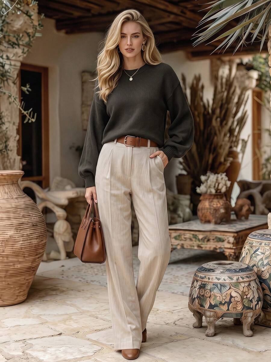 NiceArt Women's Fall Winter Coffee Brown Wool Blend Knit Pullover, Crew Neck Balloon Long Sleeve Relaxed Sweater For Relaxed Daily Outfits Homedecor - Coffee Brown - View 1