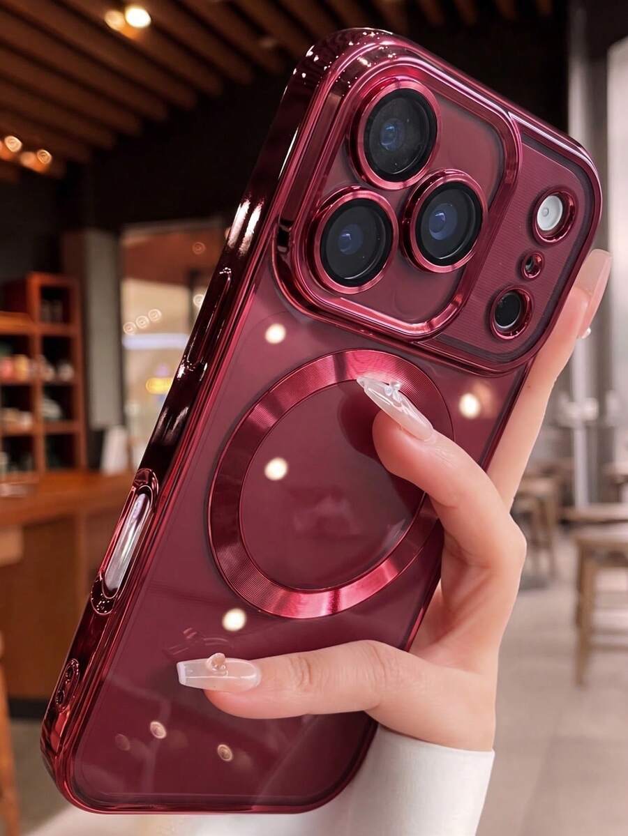 1件極簡電鍍透明無線充電波爾多紅手機殼,適用於 iPhone 18 Pro Max 17 AIR 16 15 14 13 12 11 Pro Max Plus X XS XR 7 8,電鍍鏡頭膜 TPU 保護殼 - 櫻桃紅 - 查看 1