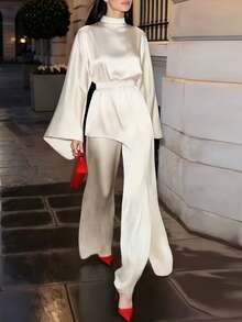 Women's Elegant Commute Stand Collar Long Sleeve Asymmetrical Pullover Top + Loose Wide Leg Pants Long Two Pieces Set, Solid Color Satin Outfit With Zipper, Belt, Tie, Pockets, Asymmetrical Design, Suitable For Commute, Daily Wear, Dating - Apricot - View 7
