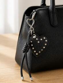 Retro Punk Style Heart-Shaped Rivet Keychain,Featuring A Heart-Shaped Metal Hook And Knotted Tassel Rope Design,Pu Leather Pendant,Charm Bag Accessory - Multicolor - View 4