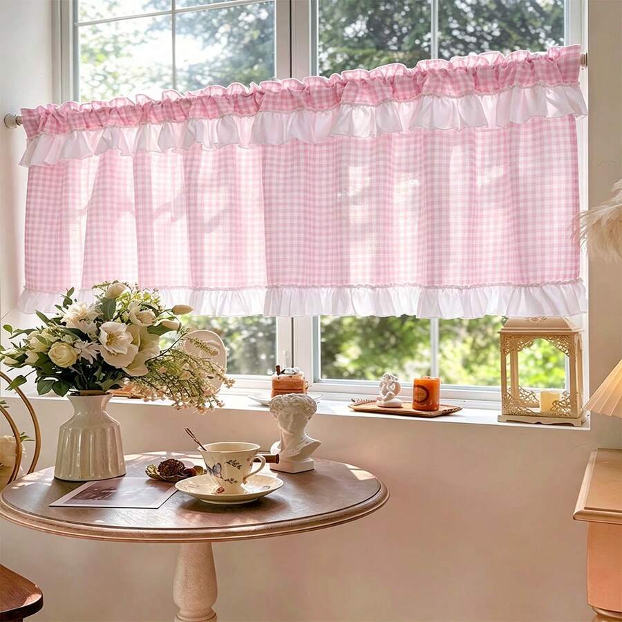 1 buah Tirai Motif Kotak-kotak Renda Awan, Pilihan Aneka Warna, Desain Renda Lembut untuk Dekorasi Rumah Minimalis Premium - Berwarna merah muda - View 1