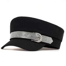 1pc Women's Solid Color Navy Cap, Street Fashion Beret Hat, Outdoor Casual Flat Top Cap Suitable For Autumn/Winter Travel, Beach Party - Black - View 9