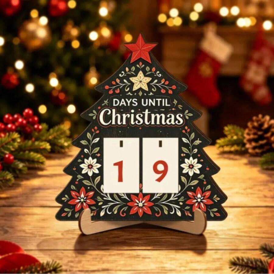 Christmas Tree Shaped, With Sliding Replaceable Numbers To Record Remaining Days Until Christmas - Wooden Craft, Exquisite Vintage Pattern, Strong Holiday Atmosphere - Comes With Stand, Stable Desktop Placement, Easy Operation - Suitable For Living Room, Entryway Table Decor, Christmas Holiday Decorative Ornament - 1PC - View 1