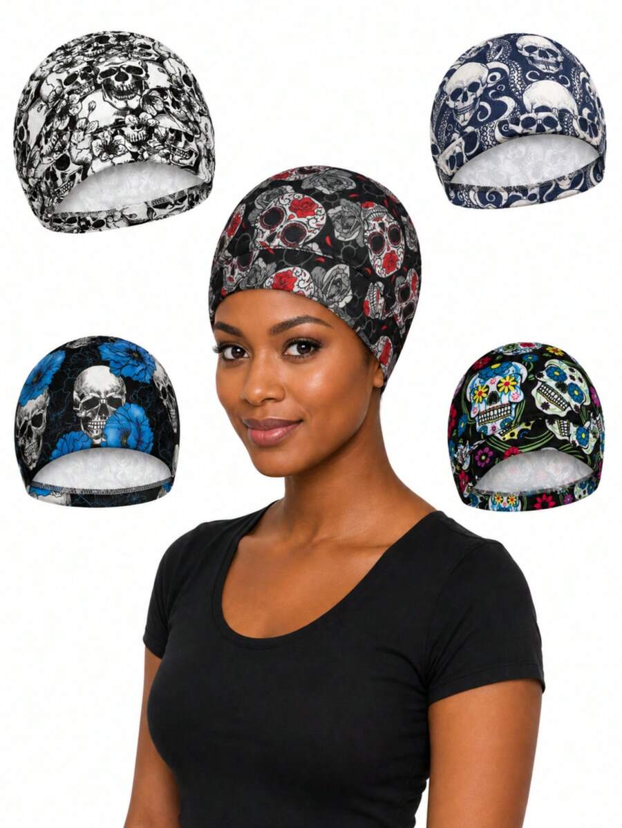 Skull Floral Printed Stretch Turban Cap, Soft Breathable Hair Wrap For Daily Wear & Halloween Party, Unique Holiday Gift For Women