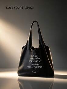 Fashionable Canvas Tote Bag With Letter Print - Black - View 1