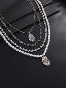 4pcs/Set Vintage Punk Creative Geometric Asymmetrical Metal Pendant Multi-Layer Necklace, Men's Fashion Beaded Necklace, Suitable For Daily Wear, Party Accessories - Multicolor - View 3
