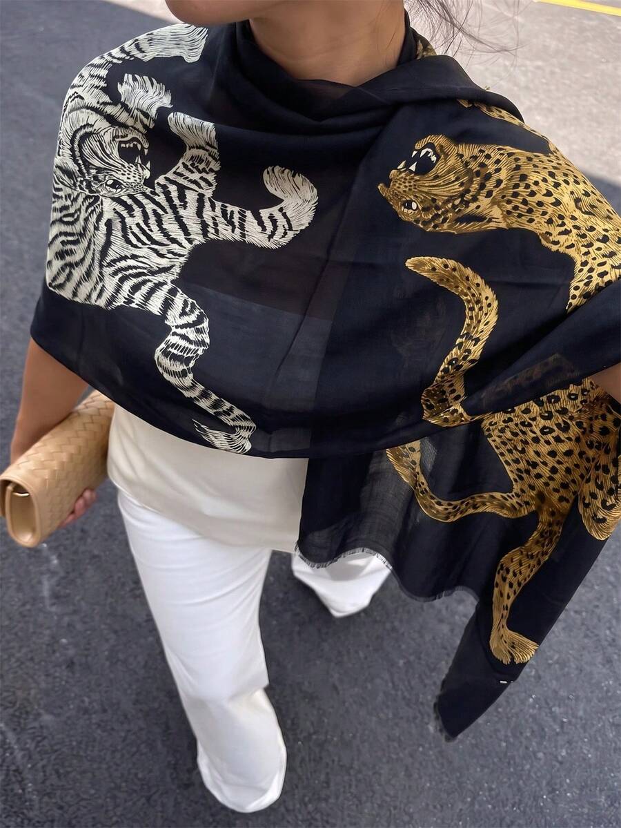 1pc Street Style Leopard Print Striped Plaid Fleece Warm Brown Scarf Shawl, Coffee Color Shawl - Black - View 1