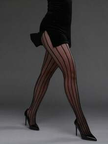 1 Pair Vertical Striped Elastic Fishnet Tights, Sexy Watermelon Striped Pantyhose, Versatile Gothic Style Fashion Fishnet Socks - Black - View 4
