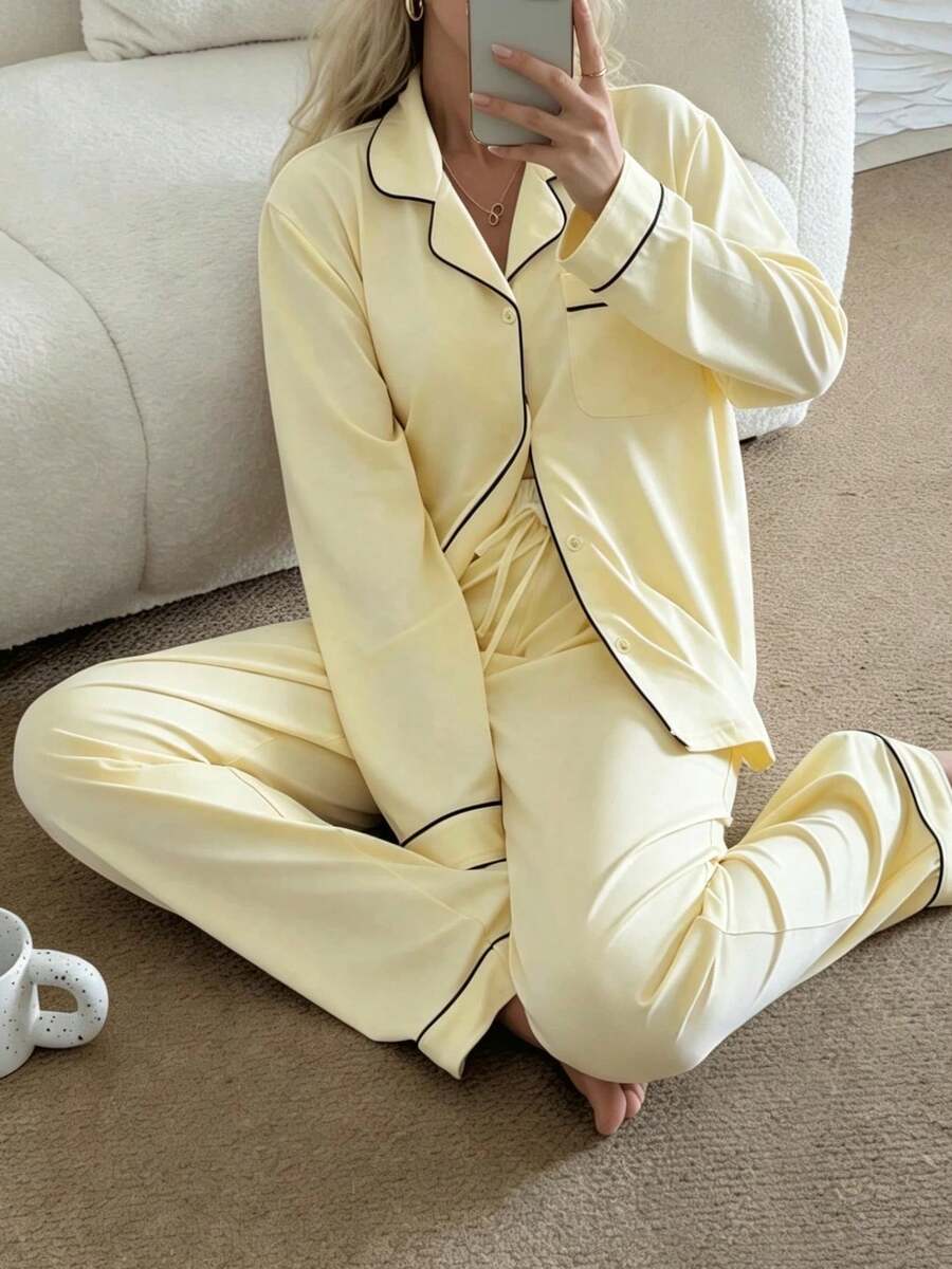 2pcs Women Notched Collar Long Sleeve Pajama Set, Comfortable Casual Sleepwear & Loungewear