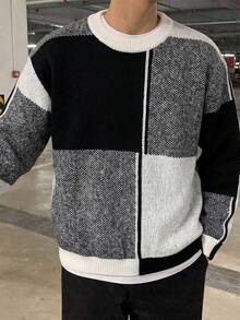 Teen Boys Streetwear Patchwork Round Neck Knitwear Relaxed Fit Sweater Top - Black and White - View 1
