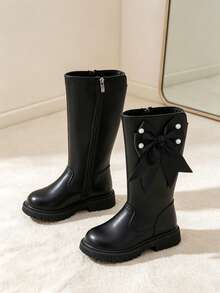 1 Pair Girls' Tall Boots, Pearl Bow + Elastic Soft Sole Inner Zipper Design, Fashionable Cute Princess Style High-Top Chelsea Boots, Suitable For Daily Wear, School, Holidays, Autumn/Winter New - Black - View 6