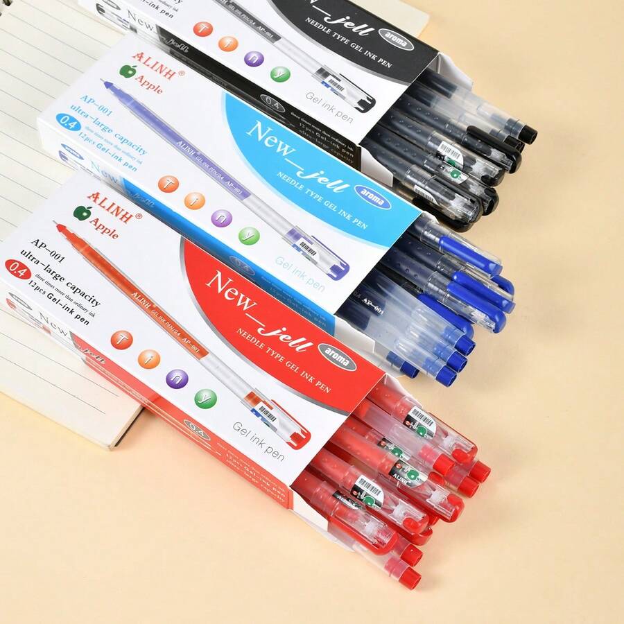 Large Capacity 0.4mm Fine Needle Tip Gel Pens, 12 Pieces Per Box, Simple Colorful Gel Ink Pen For Exam Note Taking Office School Supplies - Blue-12PCS - View 1