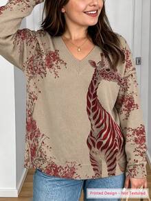 ASHKATIA Women's Plus-Size Top Fall Winter V-Neck Lightweight Sweater Giraffe Pattern Print Skin-Friendly Fabric Curve Plus - Multicolor - View 5