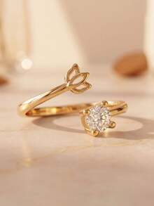 Gift Box Elegant Gold Tulip Ring, Inlaid With Sparkling Cubic Zirconia And Adjustable Open Band, Suitable For Women's Daily Wear Or Holiday Gifts - Gold - View 3