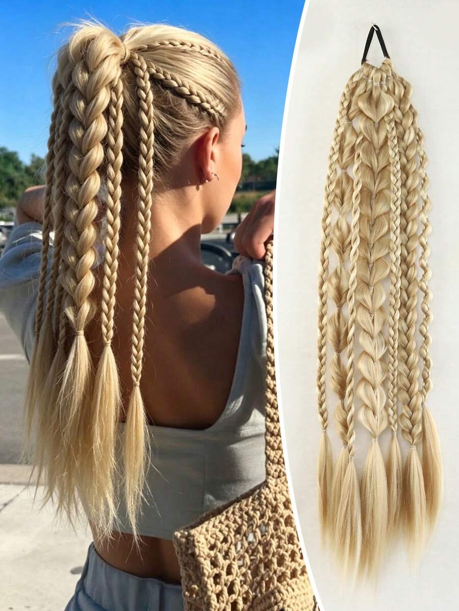 Women's Mixed Color Braided Ponytail Wig, 1pc 24 Inch Bubble Ponytail, Heat-Resistant Synthetic Fiber Wig,Braided Extensions,Hairstyle Accessories,Suitable For Women's Daily Wear And Music Festivals - Multicolor - View 1