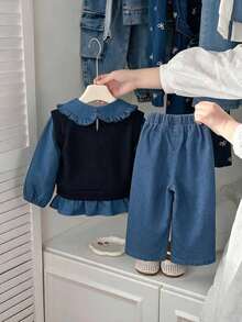Baby Girl Embroidered Knit Collar 2 In 1 Top And Casual Denim Pants - Navy Blue - View 3