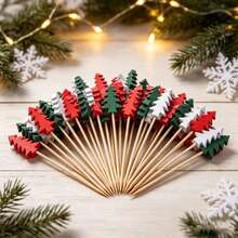 100pcs Christmas Tree Bamboo Skewers, Christmas Gift Dinner, Party, Appetizer, Cocktail Sticks, Fruit Picks, Food Decoration - Multicolor - View 5