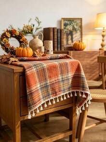 1‑Piece Vintage Blue‑Orange Tartan Plaid Tablecloth, Cozy Rustic Polyester Table Cover With Tassel Edge, Stylish Table Topper To Boost Halloween Fall Atmosphere, For Kitchen Dining Table $ Coffee Halloween Holiday Party Indoor Home Decoration - Tassel Trim - View 3