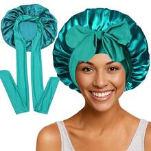 Awegeo 1pc Women's Solid Color Tie-Up Fashion Satin Bonnet, Casual Comfortable Adjustable Hair Protection Cap, Suitable For Daily Home Hair Care - Multicolor - View 9