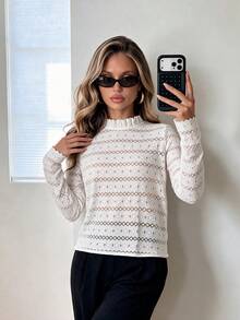 SUNSTORY Autumn White Frill Trim Semi-High Neck Hollow Lace Long Sleeve Top, Floral Jacquard Sheer Base Layer, Elegant Basic Style, Suitable For Commuting, Outings, Church, Daily Wear - White - View 5