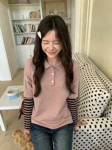 Women's American Vintage Striped Sleeve Patchwork Solid Color 2 In 1 Knit Polo Shirt, Casual Top For Autumn/Winter - Pink - View 5