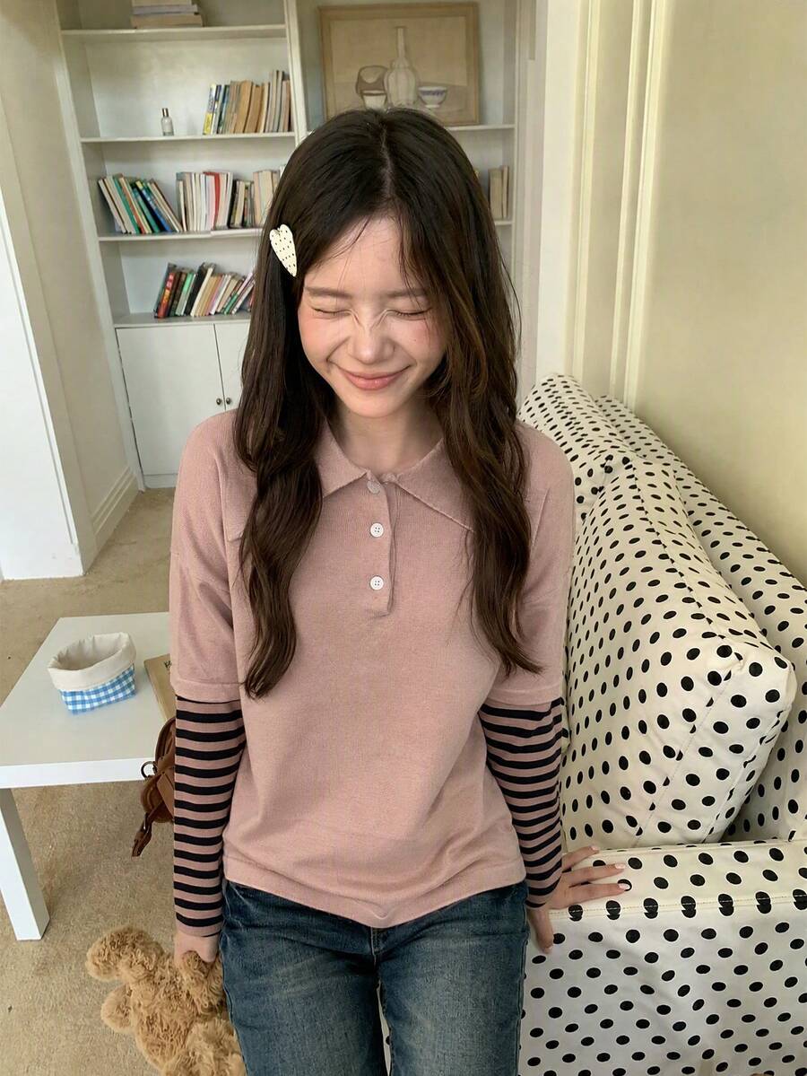 Women's American Vintage Striped Sleeve Patchwork Solid Color 2 In 1 Knit Polo Shirt, Casual Top For Autumn/Winter - Pink - View 1