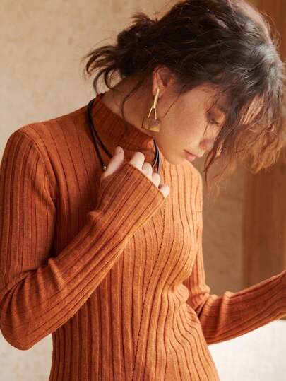 Knit Mix Elegant Women's Autumn/Winter French Fashion Home Casual Knit Ribbed Turtleneck Long Sleeve Slim Fit Pullover Sweater Top
