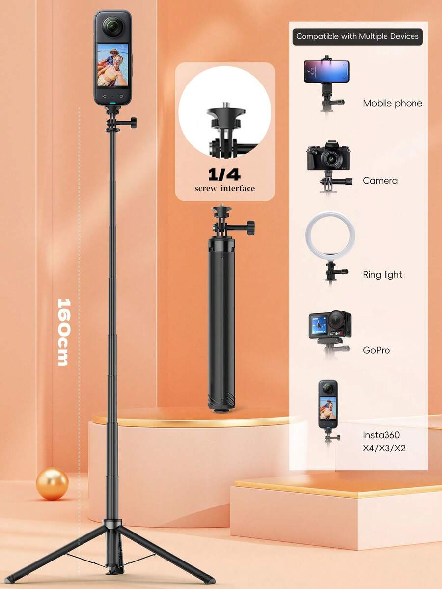 160cm Extendable Tripod Selfie Stick, Automatic Pop-Up Portable Camera Stand, Anti-Slip Base, 1/4 Screw Universal Phone Ring Light, Suitable For Vlog Live Streaming, Travel Outdoor Shooting, Content Creators, Travelers Home And Beach Use - View 1