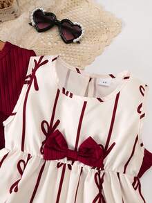 Girls 2 Pieces Set 4-7 Years Old Cream Base Burgundy Bow Print Soft Ribbed Ruffle Short Cardigan & Spaghetti Strap Dress, Gentle Style, Soft Skin-Friendly Fitted Fit, Sweet Young Girl Outdoor Daily Wear - Burgundy - View 7