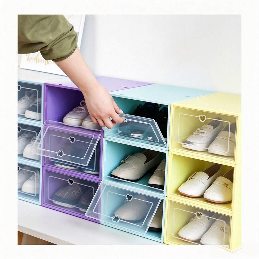 1pc Transparent Flip‑Top Shoe Storage Box, Thickened Hard Plastic Shoe Organizer, Dust‑Proof Moisture‑Proof Shoe Container, Stackable Design With Hanging Hole, Clear Visible Sneaker Storage Case For Closet Bedroom Dorm - Multicolor - View 1