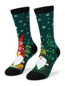 1 Pair Men's Mid-Calf Socks With Cartoon Christmas Gnome, Elf, Christmas Tree And Snowflake Patterns, Warm And Breathable Decorative Long Socks For Autumn/Winter Christmas Atmosphere, Personalized Mid-Calf Socks For Men, Suitable For Home, Party, Gathering And Outdoor Wear In Autumn/Winter, Novel Christmas Gift For Boys - Multicolor - View 2