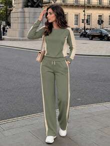 Women's Casual 2 Pieces Sportswear Set, Round Neck Long Sleeve Top With Wide Leg Pants, Spring Autumn Winter Daily Wear, Youthful Style - Green - View 7