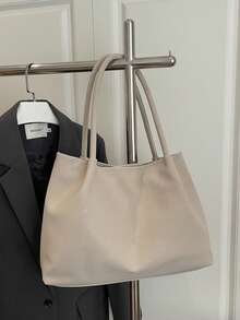 Women Soft Shoulder Tote Bag,Open Top Hobo Handbag,Solid Plain Color,Large Capacity,Minimalist Neutral Style For Daily Work Travel Ladies All Seasons - Beige - View 7