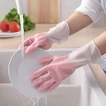 1pc Dishwashing Gloves, Household Cleaning Non-Slip Thermal Lined Rubber Gloves, Random Color - Pink - View 6