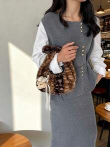 Cute Fuzzy Fashion Commuter Shoulder Crossbody Bag - Coffee - View 3