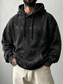 Men's Washed Distressed Hoodie BALANCE Brain & Heart Print Kangaroo Pocket Drawstring Hooded Sweatshirt - Black - View 3