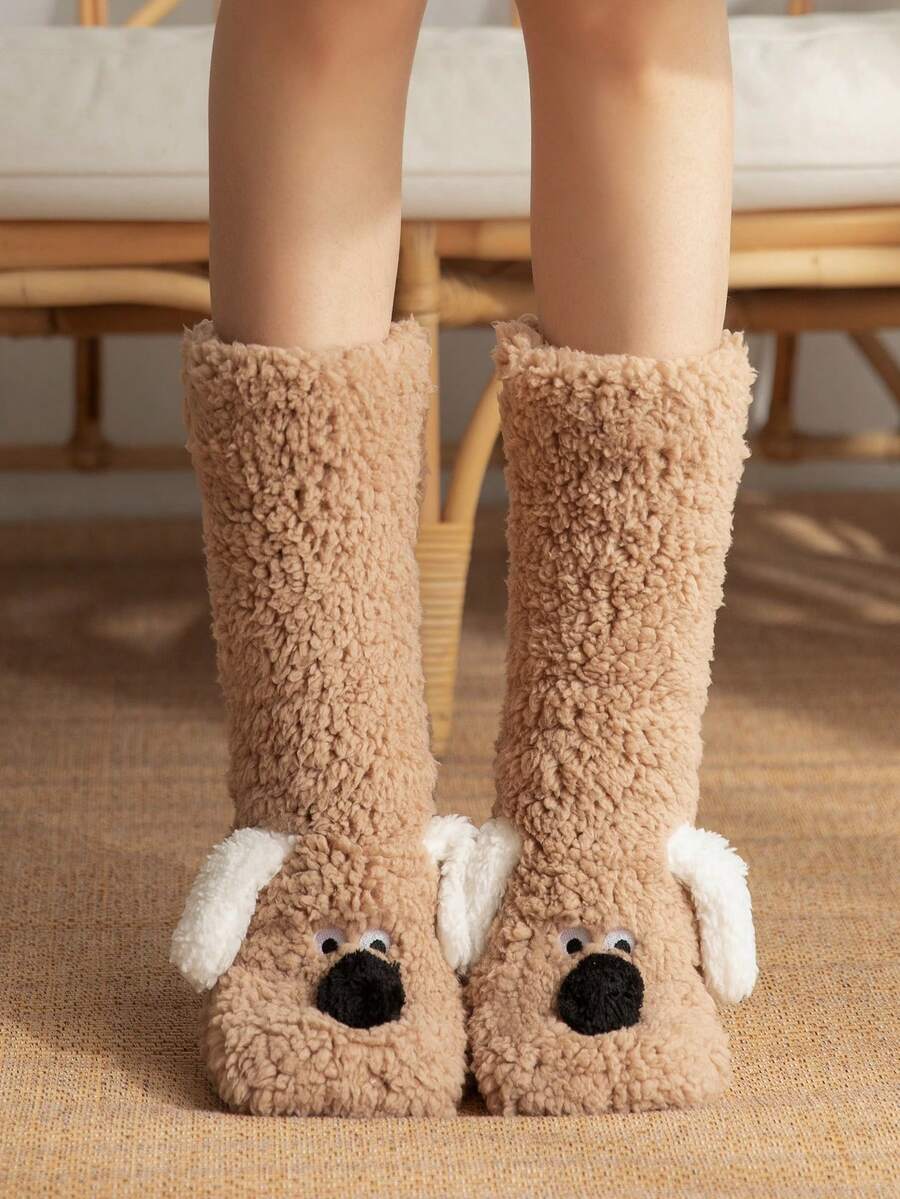 1 Pasang Kaos Kaki Fleece Tebal Anti Selip untuk Wanita, Aksesori Halloween, Kaos Kaki Lantai, Hadiah Natal, Kaos Kaki Selop Musim Dingin - Unta - View 1