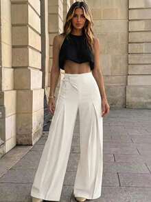 Perirose Minimalist Light Beige Wide Leg Pants, Single-Side Tie Design, Suitable For Spring/Summer Office Commute - White - View 4