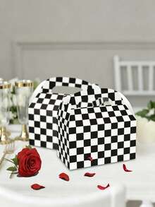 5pcs Black & White Checkered Gift Boxes, Racing Theme Party Snack Boxes, Party Favor Boxes, DIY Gift Bags, Triangle Snack Boxes With Handles, Suitable For Birthday Party Decoration, Halloween, Christmas Decoration Gift Boxes, Packaging Boxes - Multicolor - View 1