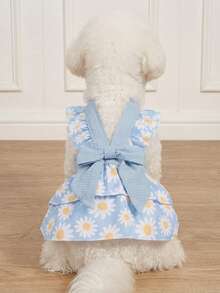 LUCKIE PAW 1pc Bow & Daisy Print Colorblock Cute Princess Style Mesh Dress For Chihuahua Small Dogs, Physical Flea Protection, Reduces Shedding, Heat-Insulating & Breathable, Suitable For Small & Large Dogs And Cats, Indoor & Outdoor - Blue - View 5