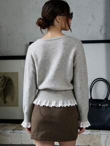 Fall/Winter Sweet Patchwork Contrast Color Lace Trim Knit Cardigan Women's New Round Neck Tie Front Soft Cute Tops - Grey - View 2