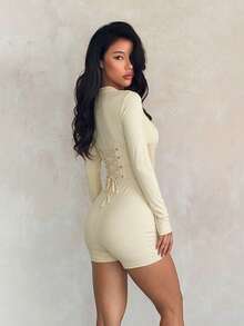 Women's Yellow Crew Neck Long Sleeve Two Pieces Shorts Set With Shaping Waist Belt, Slim Fit Tummy Control Casual Outfit, Fall - Yellow - View 2