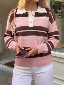 Women's Knitwear Pullover Sweater, Long Sleeve Striped Preppy Top With Contrast Lace Collar And Button Detail, Perfect For Fall Outfits - Multicolor - View 5